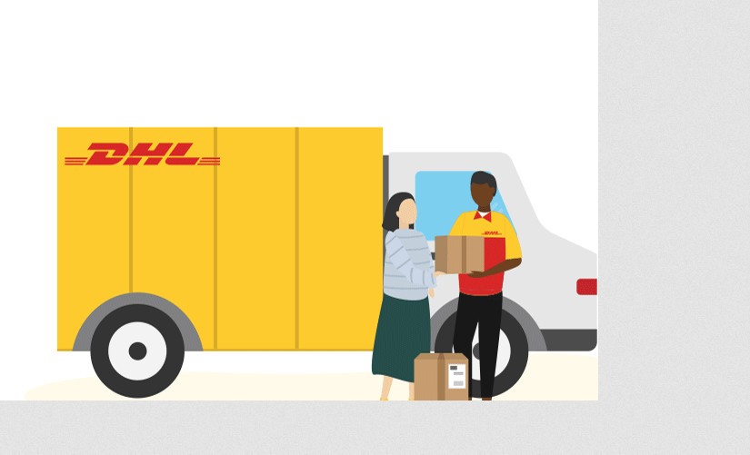 Woman handing a box to a DHL courier
