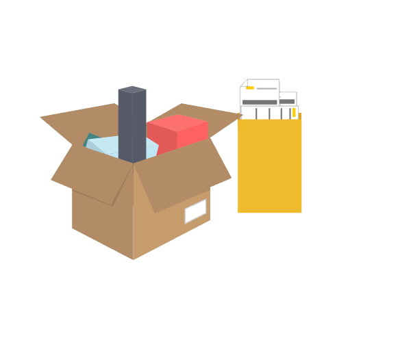 Illustration of goods being packed into an envelope or box