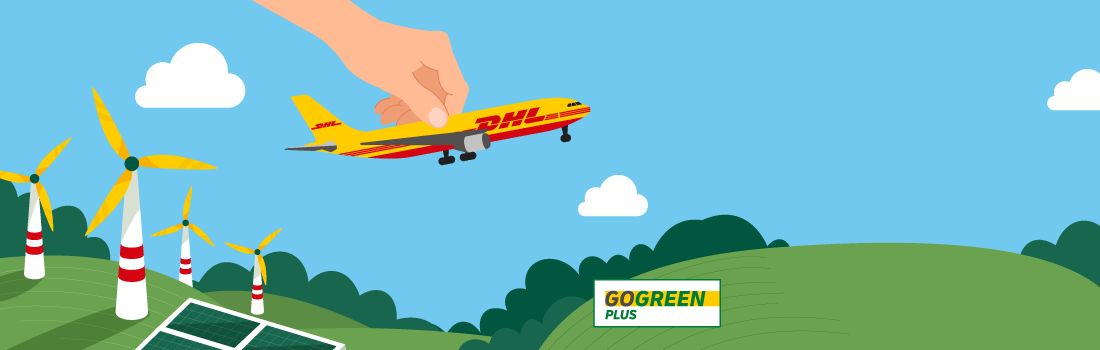 A hand holding a DHL plane in the sky