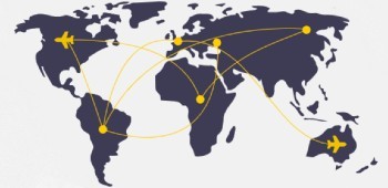 Illustration von DHL Express, das Sendungen per Flugzeug um die Welt transportiert