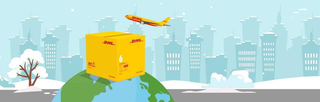 Yellow DHL Box on top of a globe with a DHL plane flying over the top with snow in the background
